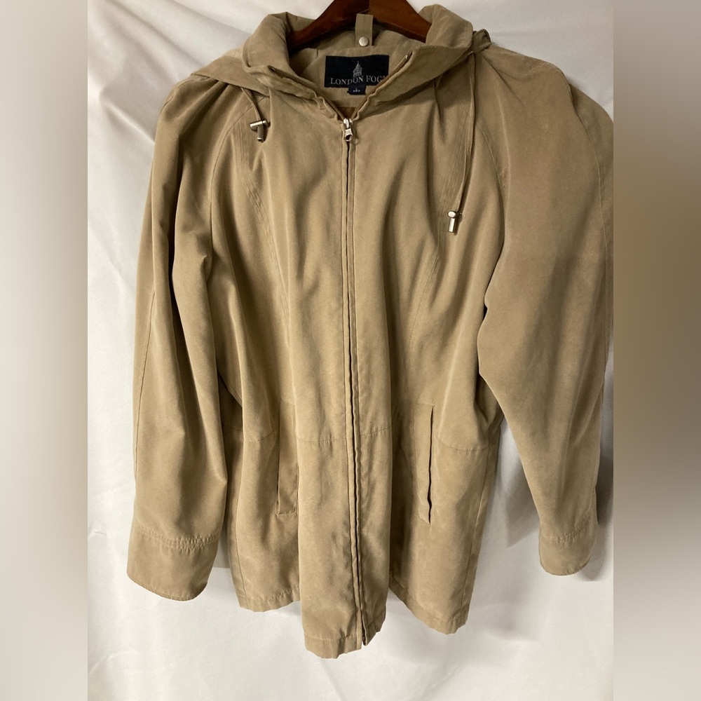 London Fog Beige Hooded Coat. Size Large, like new